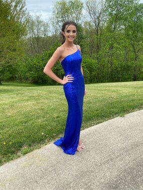 Jovani Royal Blue One-Shoulder Sequin Gown